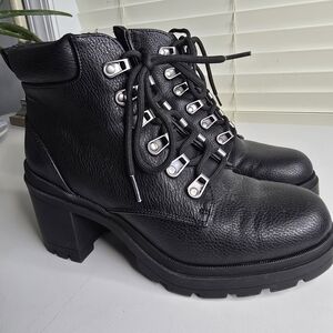 0No Boundaries Black Leather Ankle Boots Chunkie Heel Size 7 VTG 90s Goth Grunge